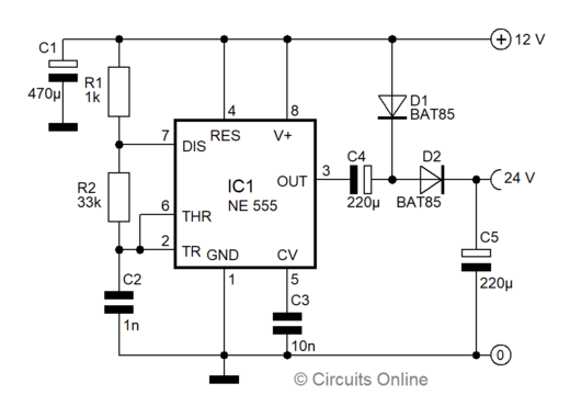 Schema Spanningsverdubbelaar met NE555